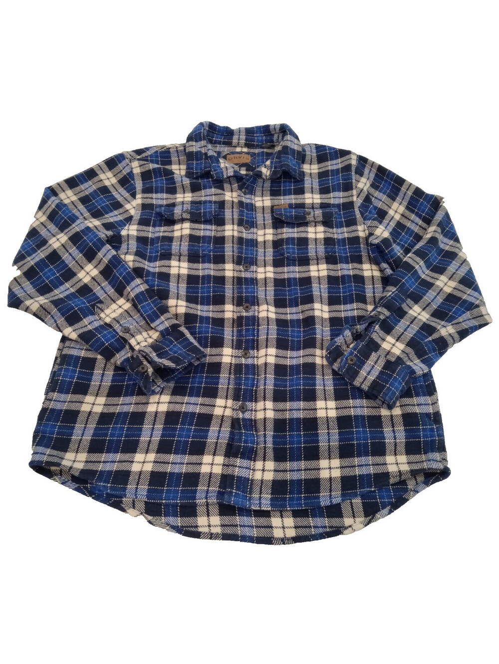 Orvis Heavyweight Flannel Shirt Jacket Mens XL Blue White Plaid Shacket Pocket